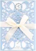 50pcs Light Blue Wedding Invitation Kit Laser Cut Invitations Pocket Card by Maffily