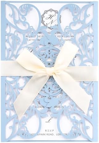 50pcs Light Blue Wedding Invitation Kit Laser Cut Invitations Pocket Card by Maffily