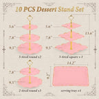 10 Pcs Cupcake Stand,Dessert Table Display Set with Gold Rim, 3 x Three-Tier and 3 x Two-Tier Cake Stands，4 x Appetizer Serving Trays for Birthday, Wedding, Baby Shower,Tea Party (Pink) - Image 2