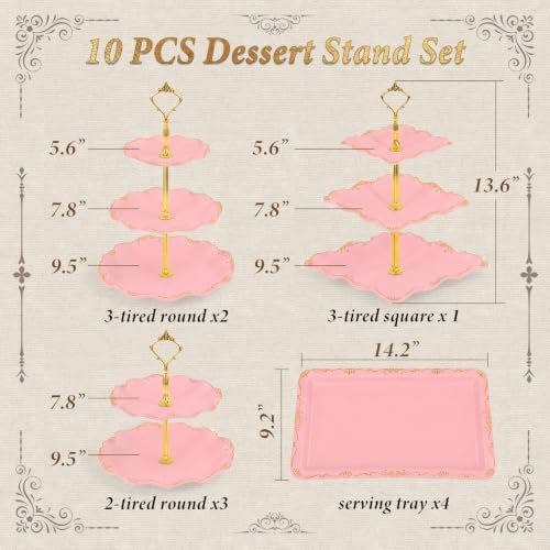 10 Pcs Cupcake Stand,Dessert Table Display Set with Gold Rim, 3 x Three-Tier and 3 x Two-Tier Cake Stands，4 x Appetizer Serving Trays for Birthday, Wedding, Baby Shower,Tea Party (Pink) - Image 2