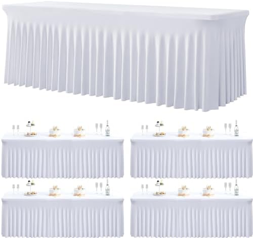4 Pack Spandex White Tablecloths for 8 Foot Rectangle Tables, Wrinkle Free Fitted Table Cloth 8ft Stretchy Tablecover Desk Skirt for Parties Weddings Birthday Banquet Baby Shower by Htper