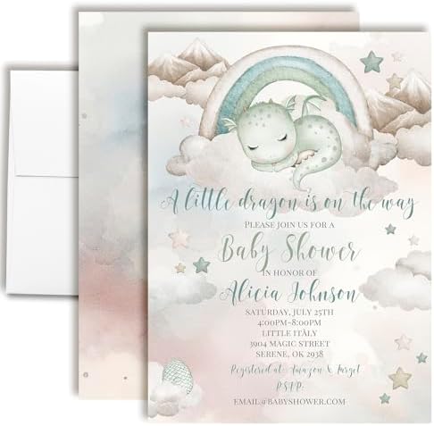 Amanda Creation Dragon Baby Shower Invitations, 20 Personalized 5x7 Cards with Envelopes, Personalized Baby Shower Invitations for Boys, Little Dragon Design by AmandaCreation