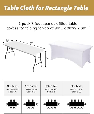 Fixwal 3 Pack 8FT White Tablecloth Rectangle Spandex Fitted Table Cover - Image 3
