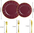 150Pcs Plastic Plates with Gold Rim, Heavy Duty Burgundy Plates for 30 Guests, Plastic Dinnerware Set Include 30 Dinner Plate, 30 Dessert Plate, 90 Gold Cutlery Set for Party (Burgundy) - Image 2