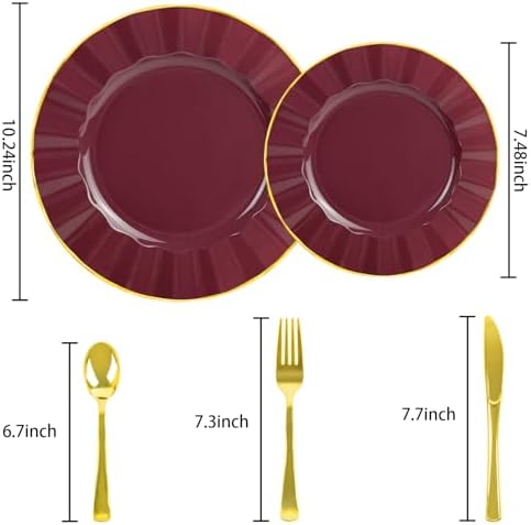 150Pcs Plastic Plates with Gold Rim, Heavy Duty Burgundy Plates for 30 Guests, Plastic Dinnerware Set Include 30 Dinner Plate, 30 Dessert Plate, 90 Gold Cutlery Set for Party (Burgundy) - Image 2
