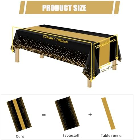 16 Pack 2in1 Disposable Plastic Tablecloths 54" x 108" Black and Gold Dot Kitchen Table Cloth Rectangle Table Cover for Wedding Birthday Baby Shower Anniversary Christmas New Year Graduation - Image 2