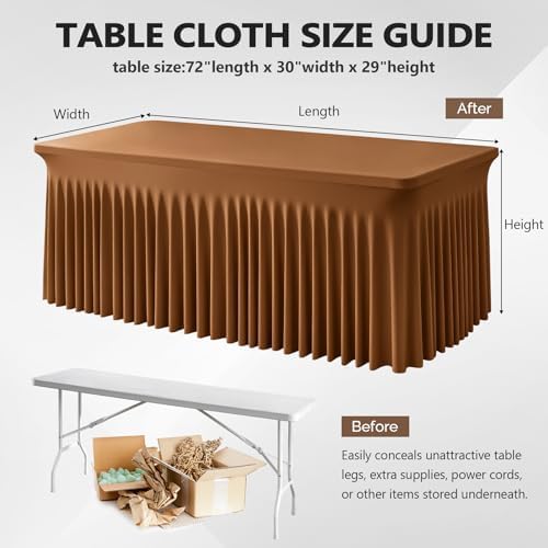 Wish Care 6 Pack Brown Spandex Table Clothes for 6 Foot Rectangle Tables, 6FT Wrinkle Free Fitted Tablecloths Ruffles Design Table Cover for Party, Banquet, Wedding and Events - Image 3