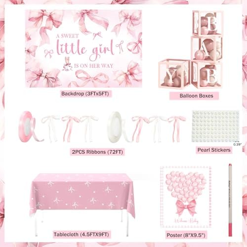 Costova Pink Bow Baby Shower Decorations Kit – 144 Pcs Complete Coquette Baby Shower Party Supplies for Girl Pink Bow Themed Party Décor - Image 2