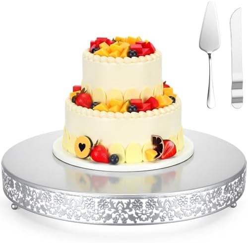 Wenqik 18 Inch Silver Cake Stand Set Metal Round Cupcake Dessert Stand with Cake Cutting, Flower Spatula Wedding Cupcake Pastry Display Candy Holder Display for Wedding Party Birthday Baby Shower by Wenqik