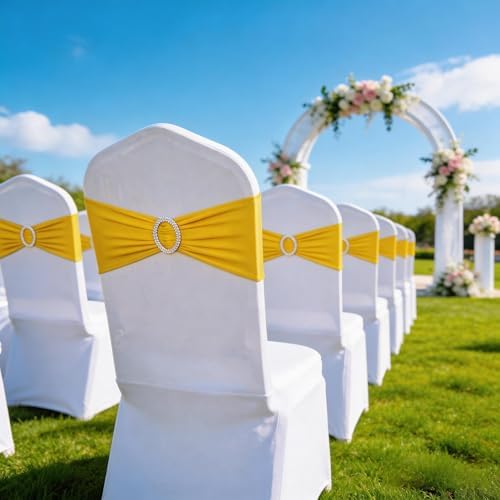 Pack of 50 Spandex Yellow Chair Sashes Bows, Chair Bands Silver Buckles - Image 5