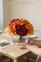 WELL KNOWN Silk Rose Artificial Flowers with Vase, Orange Yellow Red - Image 7