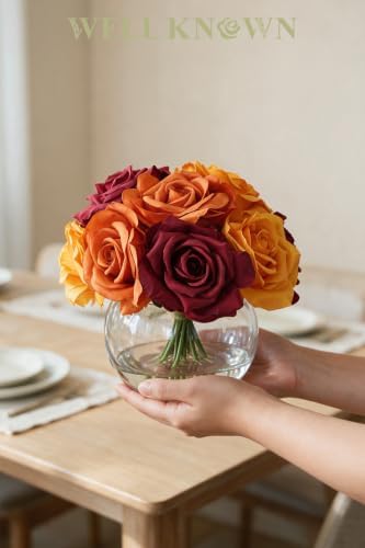 WELL KNOWN Silk Rose Artificial Flowers with Vase, Orange Yellow Red - Image 7
