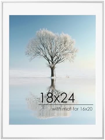 FLYJOE 18x24 Metal Picture Frame For Wall With Mat For 16x20, 18''x24'' Aluminum Photo Frames With Tempered Glass, Minimalist Modern Poster Frame Horizontal And Vertical Formats, Silver by FLYJOE