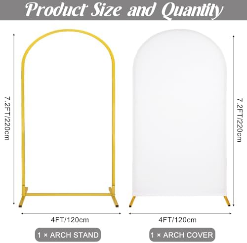 Metal Arch Stand and Cover Set,1 White Spandex Fitted Backdrop with 1 Gold Wedding Arched Stand Frame for Parties Birthday Baby Shower Bridal Banquet Decoration (7.2FT) - Image 2