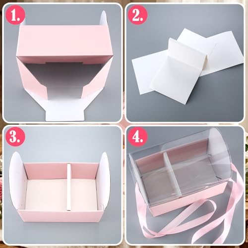 Honeydak 10 Pcs Cake Flower Clear Gift Boxes with Handle 4 in, Pink, Ribbon - Image 6