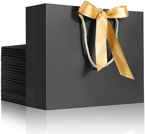 EUSOAR Wedding Favor Bags, 25pcs 10.6"x3.1"x8.3" Black Kraft Thank You Gift Paper Bags with Bow Ribbon Handle, Shopping Party Favor Gift Treat Bags Bulk for Wedding Baby Shower Guests Bridal by EUSOAR