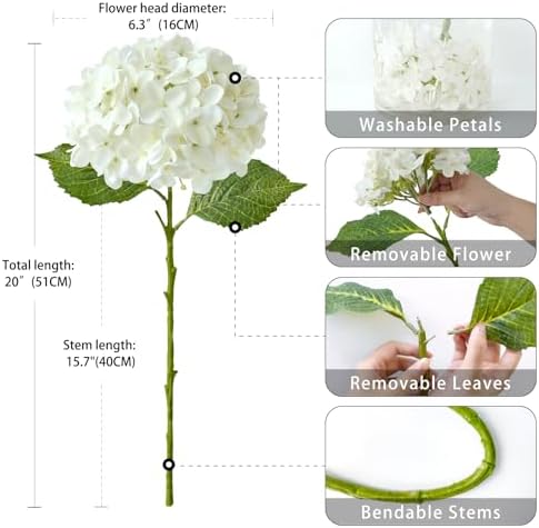 ZYTUYO 20 inches 4 Pcs Ivory White Real Touch Hydrangea Artificial Flowers Boho Lifelike Real Looking Latex Hydrangeas Flower with Long Stem for Home Decor Spring Table Centrepiece - Image 6
