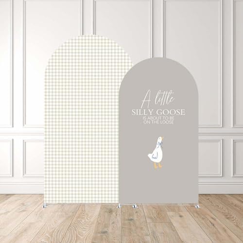 Set of 2 Arch Backdrop Covers One Silly Goose Baby Shower 2PCS Spandex Arch Stand Cover Plaids Girl Birthday Easter Party Banquets Decorations (7.2FT & 6FT,Tan) - Image 2