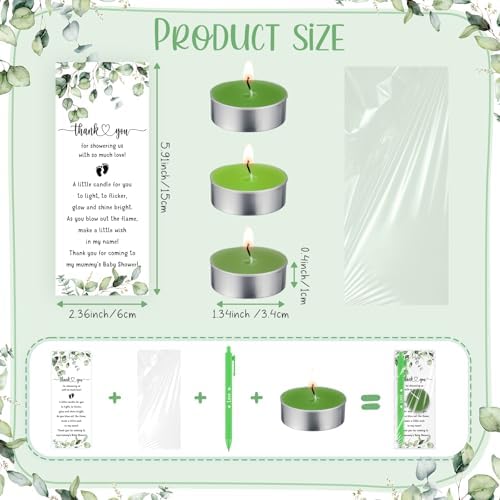 Spakon 60 Sets Baby Shower Favors for Guests Include Unscented Tealight Candles Multicolor Ballpoint Pen Thank You Card OPP Bags Gender Reveal Gifts for Baby Shower Game Prizes(Green,Greenery) - Image 3