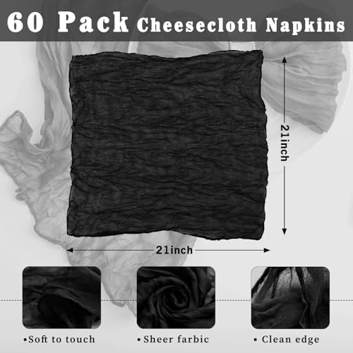 60 Pack Black Cheesecloth Napkins Washable 21x21 Inches Black Cloth Napkins Set of 60 Dinner Table Napkins for Wedding Rustic Boho Cotton Gauze Summer Bridal Baby Shower Party Table Decor - Image 7