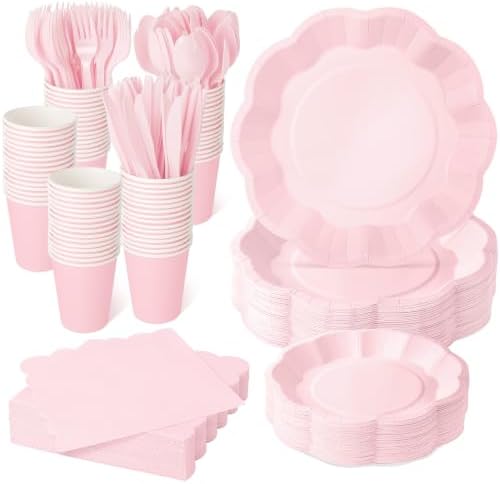 350 Pcs Pink Scalloped Disposable Plates Tableware Set for 50 Guests by COSINIA