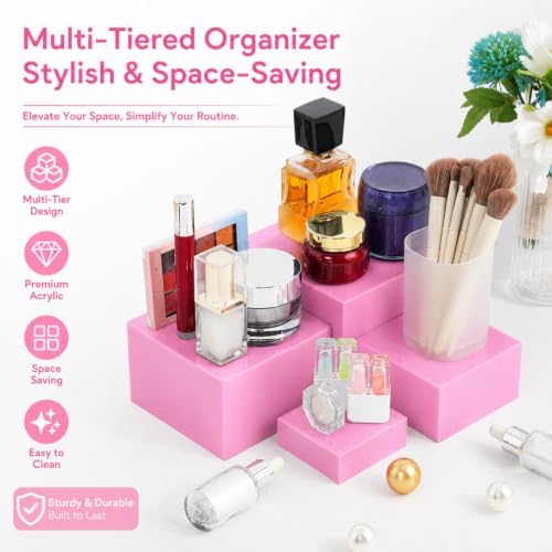 Geelin 6 Pcs Acrylic Risers Cube Stands, Pink, 3 to 8 Inch, Square - Image 3
