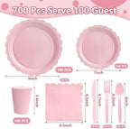Nihaoya 700PC Pink Disposable Paper Plate set Party Supplies for 100 - Image 2