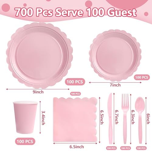 Nihaoya 700PC Pink Disposable Paper Plate set Party Supplies for 100 - Image 2