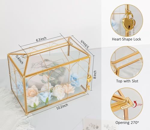 Glass Wedding Card Box with Slot - 10.2" Large Gold Gift Storage Box with Lock for Reception, Bridal Shower, Baby Shower, Birthday Party - Image 7