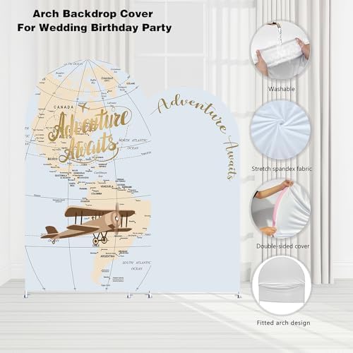 Set of 2 Arch Backdrop Covers Adventure Awaits Baby Shower Arch Stretchy Cover Airplane Travel Map Theme Birthday Party Decorations (6FT & 5FT,Blue) - Image 6