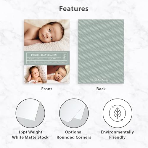 Let's Make Memories Personalized Baby Announcement Cards - Birth, Adoption - Boy, Girl - Premium Quality Custom Photo Cards for Mailing - 5x7 - Includes White Envelopes - Special Stats - 75 ct - Image 4