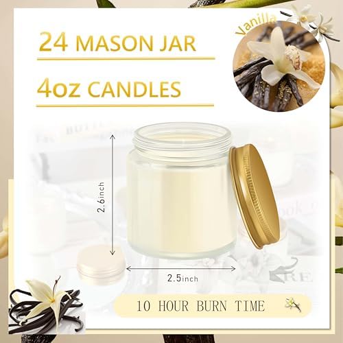 24 Pcs 4 Oz Mason Jar Candles, Vanilla Scented Soy Candles Bulk Set for Stress Relief and Relaxation, Great Favors for Wedding, Christmas, Housewarming Gifts (Gold, Vanilla, 24) - Image 2