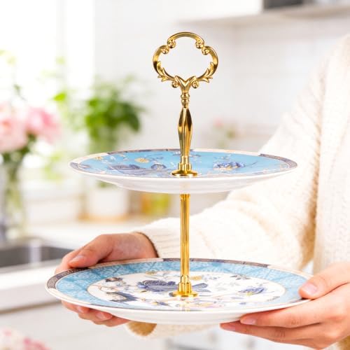 KAMMAK 2-Tier Porcelain Cupcake Stand Serving Tray, Dessert Plates Cake Fruit Candy Display Tower, Reusable Pastry Platter for Wedding Birthday Baby Shower Tea Party Decorations (Jade) - Image 4