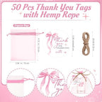 Funnymoom 50 Sets Pink Bow Party Favors Coquette Shot Glasses Birthday Party Decorations Acrylic Clear Gifts Thank You Tags with Organza Bags for Women Bridal Shower Wedding Bachelorette Supplies - Image 3