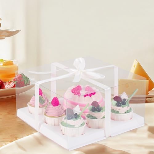 JCD 9 Packs Cake Cupcakes Combo Box 1+5 Cupcake Containers with Gift Ribbon Bento Clear Boxes (5 Cupcakes with a mini Cake) (1+5/9Pcs) - Image 5