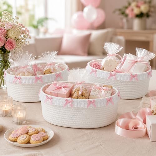 SiliFine 3 Pcs Pink Bow Storage Basket Cute Basket for Gifts Empty - Image 2