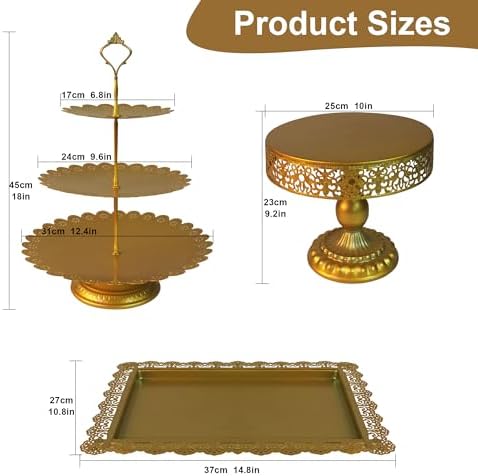 YestBuy Gold Cake Stand Set, 5 Pcs Metal Round Cupcak Stand Cookies Dessert Display Plate Serving Tower Tray Platter with Handle for Baby Shower Wedding Birthday Party Celebration (Gold, 5 Size) - Image 5