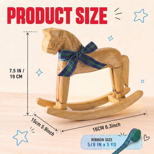 Fuutreo 3 Pack Wooden Rocking Horse Decor with 5 Yards Tartan Plaid Ribbon - Image 2