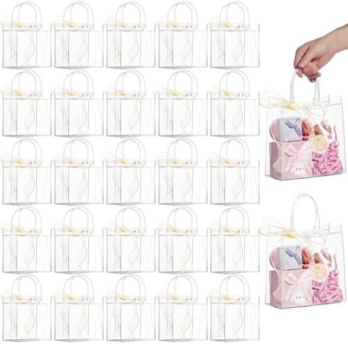 WDSHCR 50 PCS Clear Plastic Gift Bags with Handles, Party Favor Bags with Ribbons, Reusable Goodie Tote Bags for Wedding, Baby Shower, Birthday (Clear 7.8 x 7.8 x 3.1, 50 Pack) by WDSHCR
