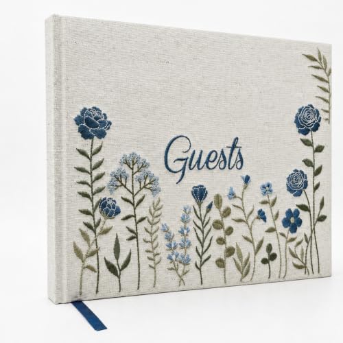 Linen Floral Embroidered Photo Wedding Guest Book - Dusty Blue Guestbook by UpstartDecor