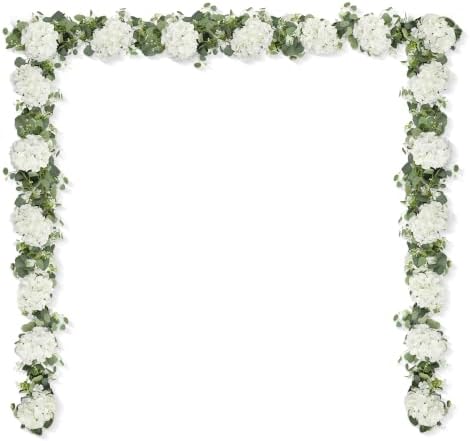 Artificial Hydrangea Flower Garland with Eucalyptus & Baby’s Breath 2PCS 6FT Floral Vines Greenery Garland for Mantel Wedding Arch Table Centerpiece Coastal Home Outdoor Decor (2, White) by Aviviho