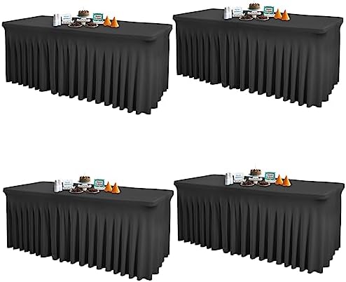 4 Packs Black Table Clothes for 6 Foot Rectangle Tables, One-Piece Wrinkle Resistant Stretch Spandex Table Covers with Skirt for Event Banquet Wedding Birthday Party by PartyTalk