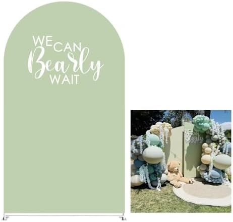 Arch Backdrop Covers Light Green Birthday Party Decorations We Can Bearly Wait Arched Stand Spandex Fabric Cover for Baby Shower Parties Decor (4.6x8FT) by KONPON