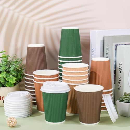 Whaline 100Pcs Woodland Themed Disposable Coffee Cups with Lids Paper Cup 12oz Brown Green Corrugated Ripple Wall Insulated Hot Cup for Home Office Party Supplies - Image 3