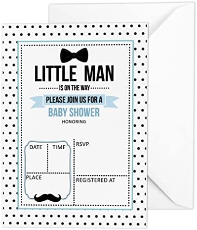 Pack of 30, Boy Baby Shower Party Collection, Baby Shower Invitation Cards, Fill in the Blank Invites WIth Envelopes, Little Man Theme Party Supplies by Inkdotpot