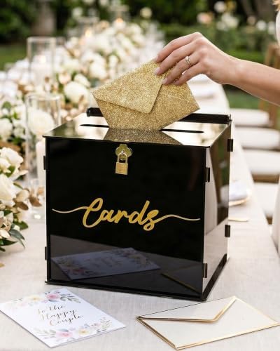 Black Acrylic Wedding Card Box with Slot and Lock, Modern Mirror Card Holder for Reception, Graduation, Gothic Party, Bridal, Baby Shower, Birthday, Elegant Decorative Gift Boxes for Money Envelope - Image 2