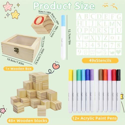 Baby Shower Blocks to Decorate，102PCS Baby Shower Blocks Game Set，Includes Clear Window Wooden Box, 40 Templates to Paint, 12 Acrylic Markers & 1 Wooden Sign Suitable for Boy and Girls - Image 3
