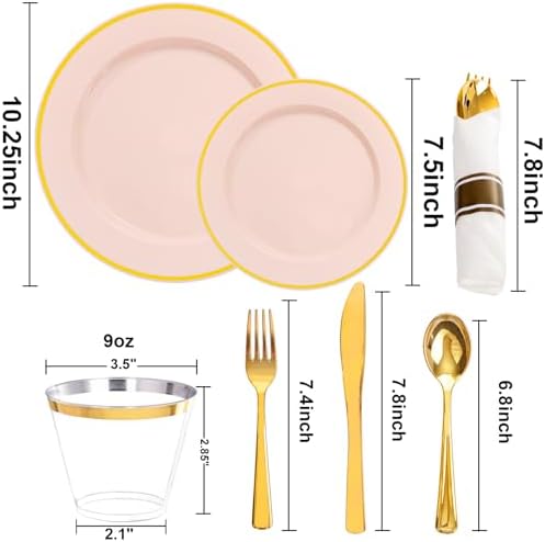 SUT 350 Pcs Pink and Gold Plastic Dinnerware Set for 50 Guests, Include: 50 Dinner Plates, 50 Dessert Plates, 50 Pre Rolled Napkins With Silverware, 50 Cups, Disposable Plates for Baby Shower, Party - Image 4