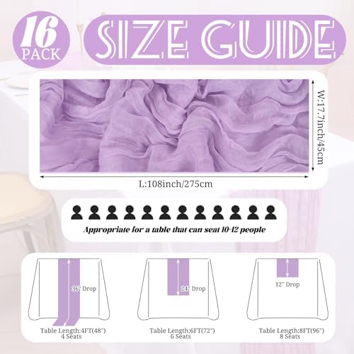 Showgeous 16 Pack Lavender Cheesecloth Table Runner 17 x 108 Inch - Image 2