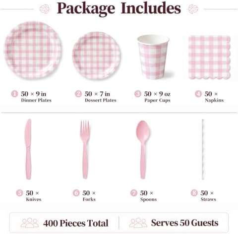 400 Pcs Pcs Pink Gingham Paper Plates and Napkins Set for 50, 9" Dinner Plates & 7" Dessert Plate, Baby Girl Shower Birthday Party - Image 5
